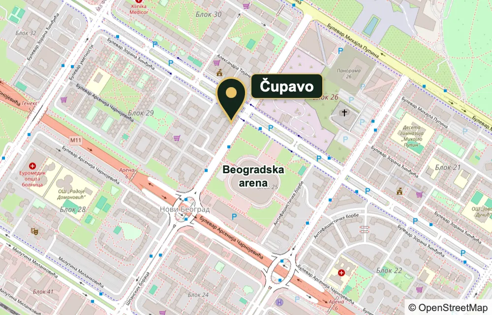 Mapa – Čupavo frizerski salon, Španskih boraca 22a, Novi Beograd, preko puta Beogradske arene